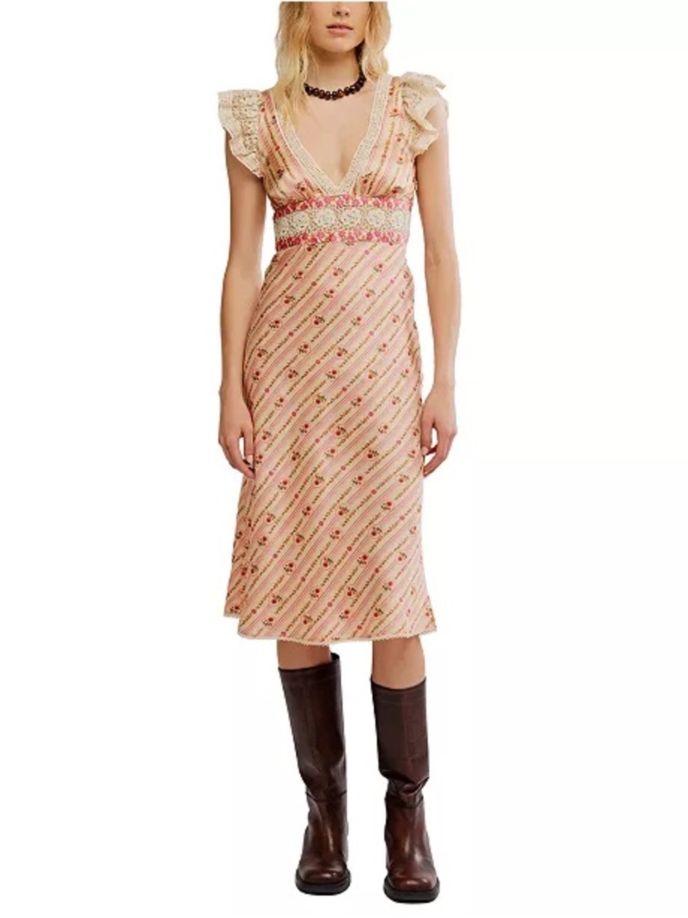Free People Bali Belle Floral Print Deep VNeck Cap Sleeve Lace Detail Midi Dress